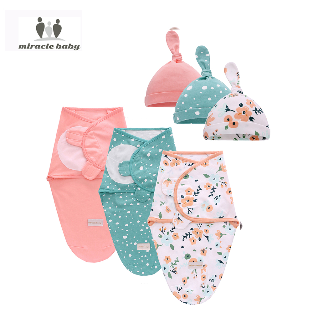 Miracle Baby Swaddle Set with Hat 3 Pack Plain Muslin Swaddle Wrap Set